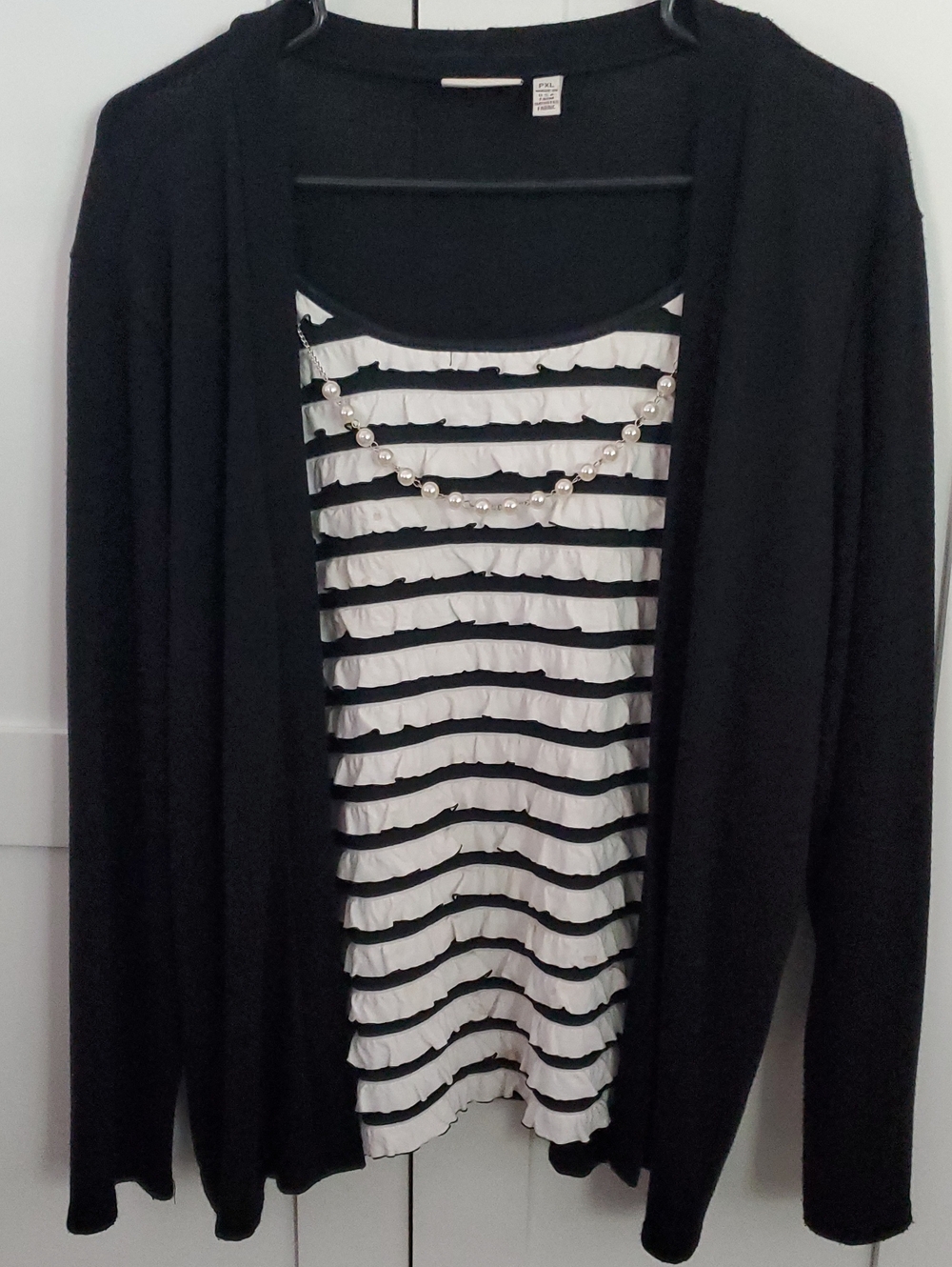 Kim Rogers Black Open Cardigan with Black & White Striped Shell and Pearl Accent